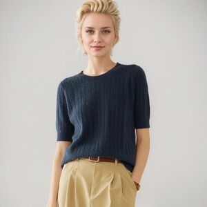 Real Silk Life Short Sleeve Cashmere/Wool Sweater size M in Blue NWT